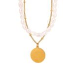 Vintage Titanium Steel Gold Plated Double Layer Choker Freshwater Pearl Necklace