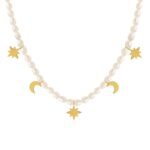 Moon and Star Freshwater Pearl Necklace Starry Series Jewelry 37CM