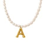 Titanium Initial Necklaces Gold Plated Pendant Freshwater Pearl Necklace 36CM