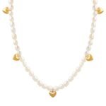 Natural Freshwater Pearl Choker Necklace with Gold Heart Charms 34CM