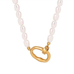 Natural Freshwater Pearl Necklace Titanium Steel Ring Pendant with Hidden Clasp 40CM