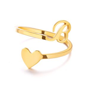 Alphabet Open Ring 3D Heart Initial Ring