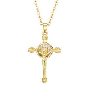 Gold Cross Necklace Brass Zircon Crucifix Necklace with Stainless Steel Chain