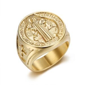 Gold-Plated Stainless Steel St. Benedict Exorcism Ring for Men