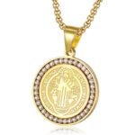 Gold-Plated Stainless Steel St. Benedict Pendant Necklace with Zircon