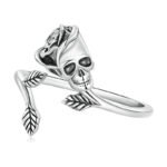 S925 Sterling Silver Skull and Rose Open Ring Halloween Jewelry