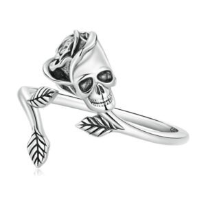 S925 Sterling Silver Skull and Rose Open Ring Halloween Jewelry