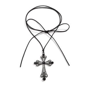 Cross Rhinestone Lace-Up Choker Punk Style Necklace