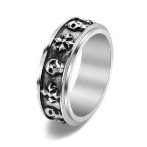 Titanium Steel Rotatable Skull Cross Ring for Men Punk Style