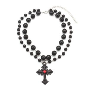 Layered Red Rhinestone Cross Necklace for Women Punk Dark Halloween Jewelry