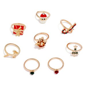 Christmas Tree Candy Cane Santa Claus Bow Reindeer Ring Set 8 Pieces Christmas Jewelry Set