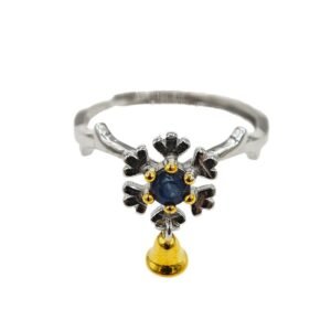 S925 Sterling Silver Natural Sapphire Snowflake Bell Ring for Women Christmas Jewelry