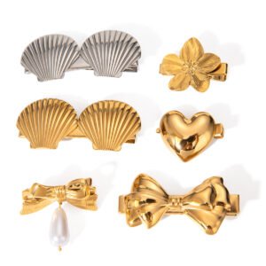 Gold Stainless Steel Shell Heart Flower Bow Hair Clip