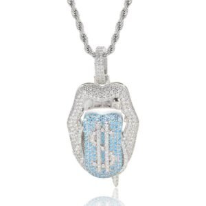 Iced Out Zircon Dollar Mouth Tongue Pendant Necklace for Men Hip-Hop Jewelry