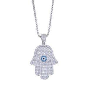 Iced Out Hand and Evil Eye Pendant Necklace