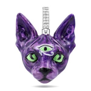 Mystical Purple Sphinx Cat Pendant Necklace with Third Eye, Hand-Painted Enamel Finish – Trendy Hip-Hop Jewelry