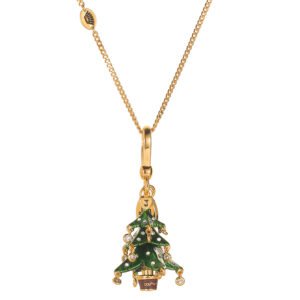 Enamel Green Christmas Tree &  Bell Pendant Necklace with Crystals – Festive Holiday Jewelry