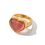 Stainless Steel 18K Gold-Plated Pink Cat's Eye Heart Ring