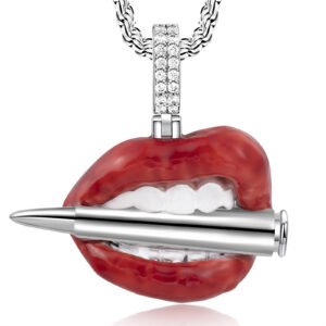 Moissanite Red Lips Bullet Pendant Necklace - Rapper Jewelry